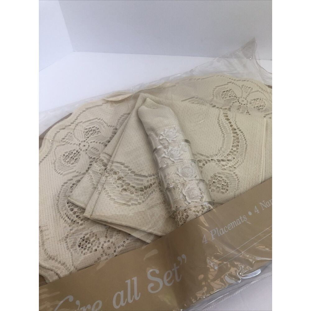 Vtg Reed Handcrafts Cream‎ Lace Placemats Napkins Rings x4 NOS Nottingham Floral